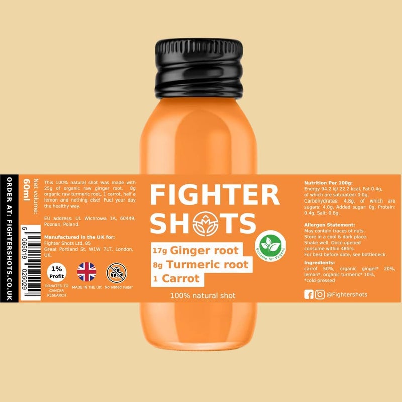 Fighter Shots Ginger Turmeric and Carrot Shots (Vegan/12x60ml) | Fresh & Fiery Ginger Shots for Immune Support | Boosts Energy | 100% Natural/No Nasties | Rich in Antioxidants | Packed with Vitamin C - Image 4
